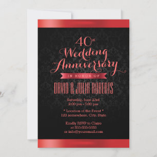 Invitación Aniversario de bodas de rubí elegante damasco negr