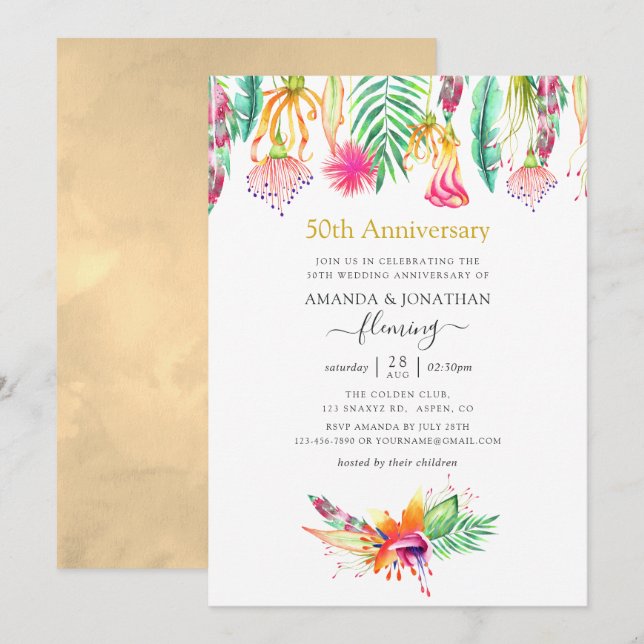 Invitación Aniversario de bodas de verano floral tropical 50 (Anverso / Reverso)
