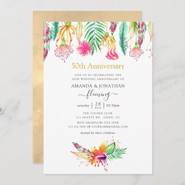 Invitación Aniversario de bodas de verano tropical floral 50 (Anverso / Reverso)