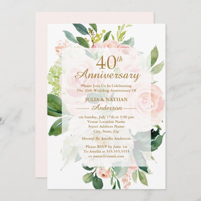 Invitación Aniversario de Bodas Elegante Flor de Melocotón Ro (Anverso / Reverso)