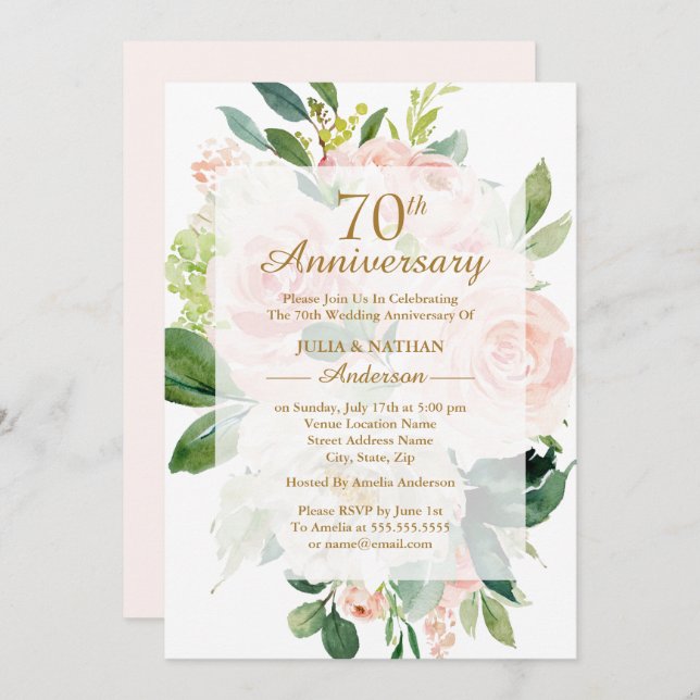 Invitación Aniversario de Bodas Elegante Flor de Melocotón Ro (Anverso / Reverso)