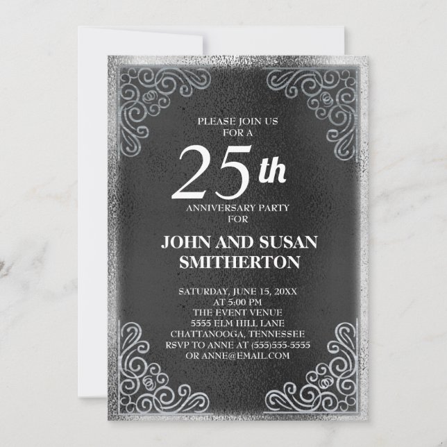 Invitación Aniversario de Bodas Elegante Negro Plateado 25 (Anverso)