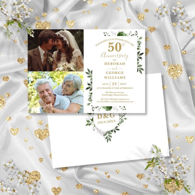 Invitación Aniversario de bodas floral 50 Then & Now 2 fotos (Floral 50th Wedding Anniversary Then & Now 2 Photo Invitation)