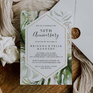 Invitación Aniversario de bodas geométrico dorado tropical 50