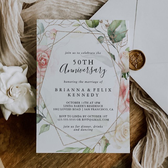 Invitación Aniversario de bodas geométrico dorado verde 50 (Subido por el creador)