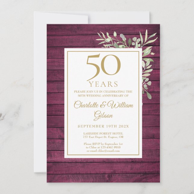 Invitación Aniversario de Bodas nº 50 Greenery Madera Roja Rú (Anverso)