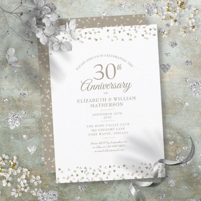 Invitación Aniversario de bodas n.º 30 Pearl Hearts Confetti (30th Wedding Anniversary Pearl Hearts Confetti Invitation)