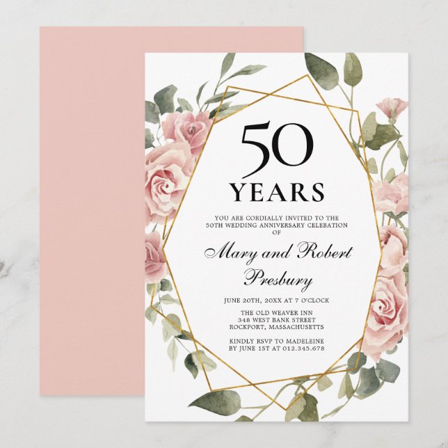 Invitación Aniversario de Bodas N.º 50 Rosa Floral (Anverso / Reverso)