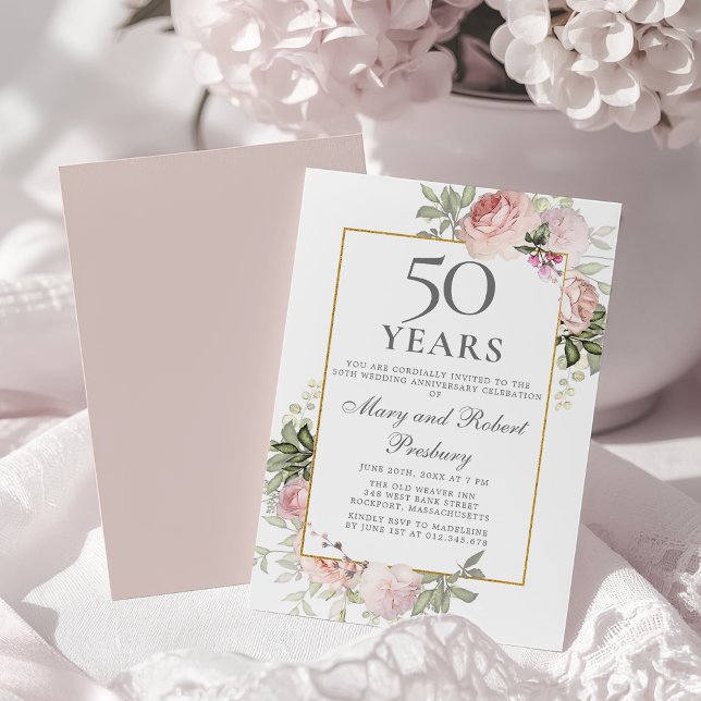 Invitación Aniversario de Bodas N.º 50 Rosas Florales Rosadas (Subido por el creador)