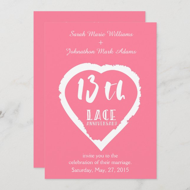 Invitación Aniversario de bodas número 13 encaje tradicional (Anverso / Reverso)