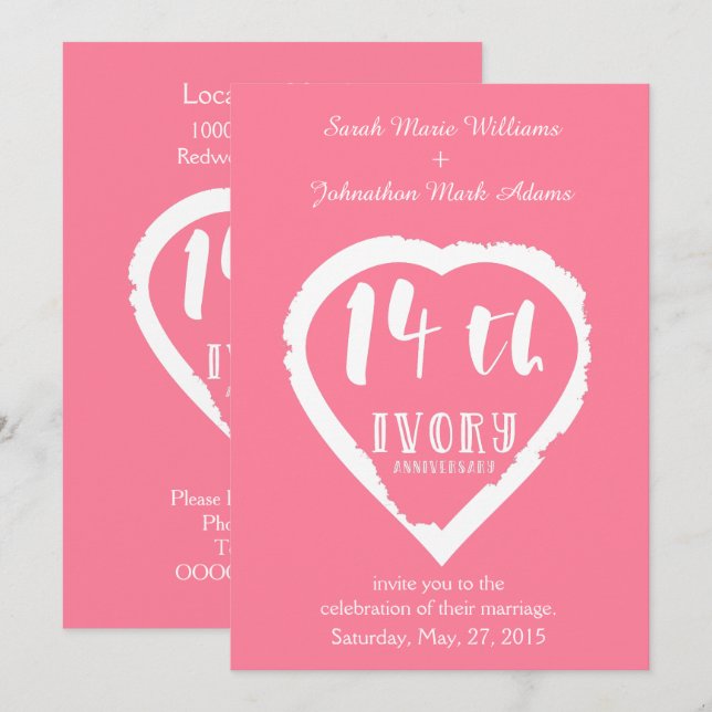 Invitación aniversario de bodas número 14 tradicional marfil (Anverso / Reverso)