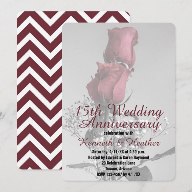 Invitación Aniversario de Bodas número 15 Dos Rosas Rojas Fot (Anverso / Reverso)