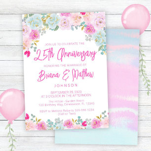 Invitación Aniversario de bodas número 25 floral rosa azul me