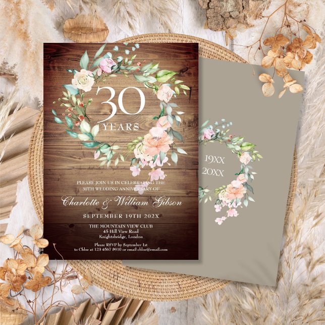 Invitación Aniversario de bodas número 30 Rosas rústicas Verd (30th Wedding Anniversary Rustic Roses Greenery Invitation)