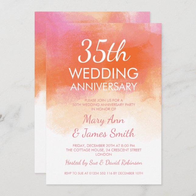 Invitación Aniversario de bodas número 35 con acuarela de cor (Anverso / Reverso)