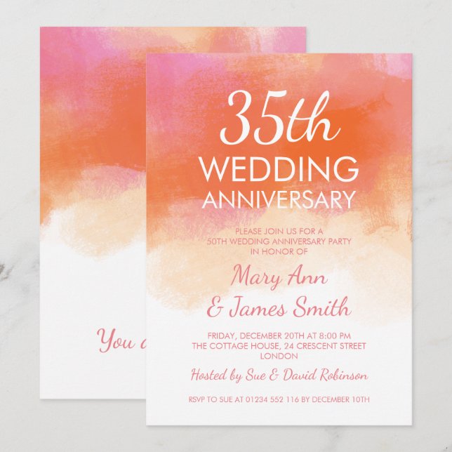 Invitación Aniversario de bodas número 35 con coral rosa en a (Anverso / Reverso)