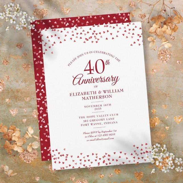 Invitación Aniversario de bodas número 40 Confeti de Corazone (40th Wedding Anniversary Ruby Hearts Confetti Invitation)