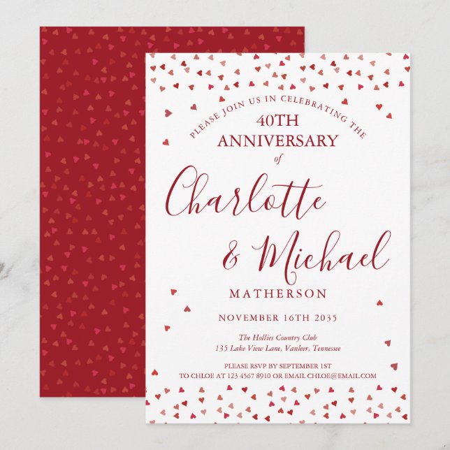 Invitación Aniversario de bodas número 40 Corazones de rubí T (Anverso / Reverso)