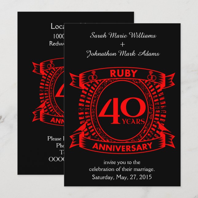 Invitación Aniversario de bodas número 40 cresta de rubí (Anverso / Reverso)