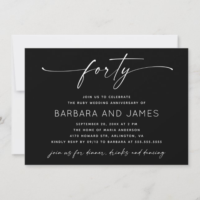 Invitación Aniversario de Bodas número 40 de Ruby Foto Negra  (Anverso)