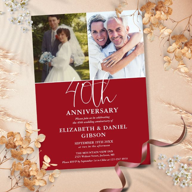 Invitación Aniversario de Bodas número 40 Entonces y Ahora 2  (40th Wedding Anniversary Then And Now 2 Photo Invitation)