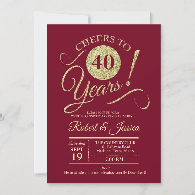 Invitación Aniversario de bodas número 40 oro rojo rubí (Anverso)