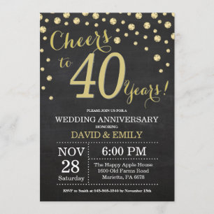 Invitación Aniversario de bodas número 40 Pizarra Negro y Dor