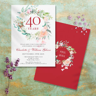 Invitación Aniversario de bodas número 40 Rubí Acuarela Flora