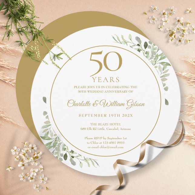 Invitación Aniversario de bodas número 50 circular con vegeta (50th Wedding Anniversary Greenery Circular Invitation)