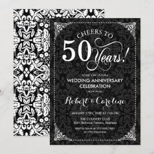 Invitación Aniversario de Bodas número 50 - Damask Blanco y N