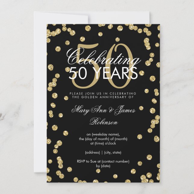 Invitación Aniversario de Bodas número 50 de oro con confeti  (Anverso)