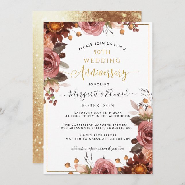 Invitación Aniversario de Bodas número 50, Floral dorado y bu (Anverso / Reverso)