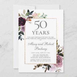 Invitación Aniversario de bodas número 50 flores rosadas malv
