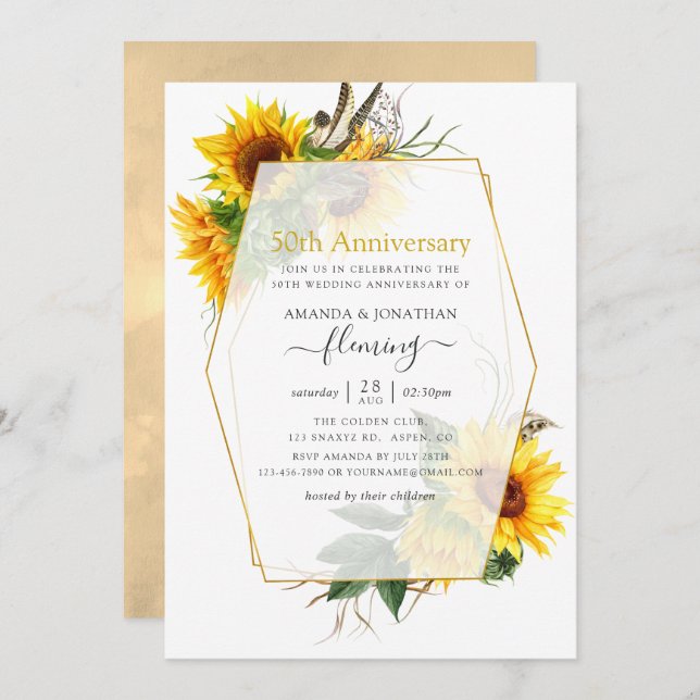 Invitación Aniversario de bodas número 50 girasoles geométric (Anverso / Reverso)