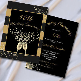 Invitación Aniversario de bodas número 50 negro oro Chic Eleg