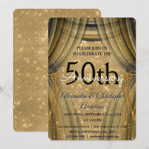 Invitación Aniversario de Bodas número 50 Negro y Dorado Bril