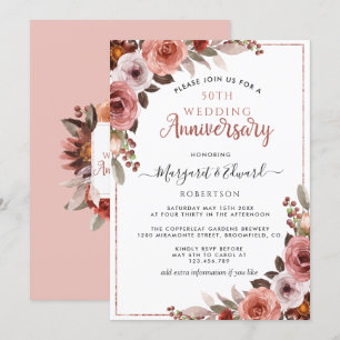 Invitación Aniversario de Bodas número 50 Rosa Dorada Floral 