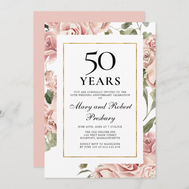Invitación Aniversario de Bodas número 50 Rosa Floral (Anverso / Reverso)