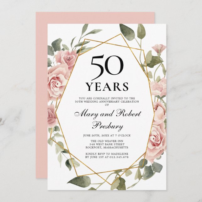 Invitación Aniversario de bodas número 50 Rosa Floral (Anverso / Reverso)