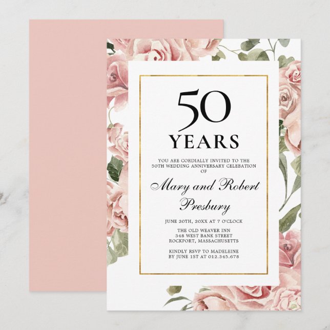 Invitación Aniversario de bodas número 50 Rosas Floral Rosa (Anverso / Reverso)