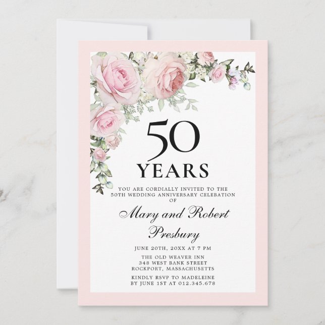 Invitación Aniversario de Bodas número 50 Rosas Florales Rosa (Anverso)