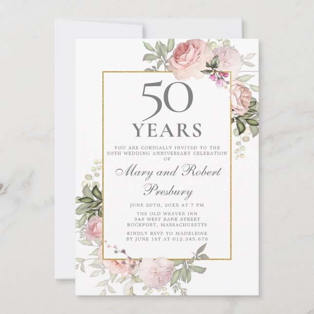 Invitación Aniversario de Bodas número 50 Rosas Florales Rosa (Anverso)