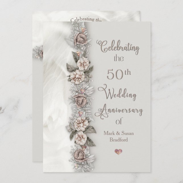 Invitación Aniversario de Bodas número 50 Soñadas Flores Beig (Anverso / Reverso)
