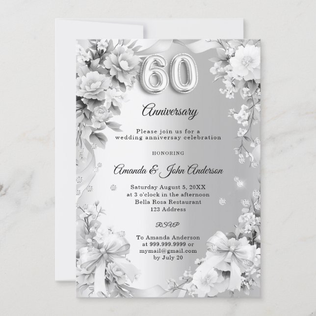 Invitación aniversario de bodas número 60 con flores de plata (Anverso)