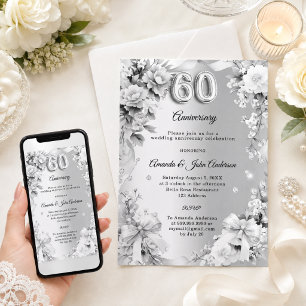 Invitación aniversario de bodas número 60 con flores de plata