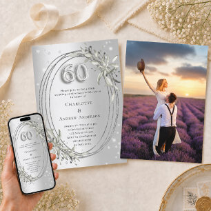 Invitación aniversario de bodas número 60 con plata y vegetac