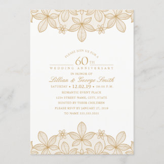 Invitación Aniversario de bodas número 60 elegante encaje dor