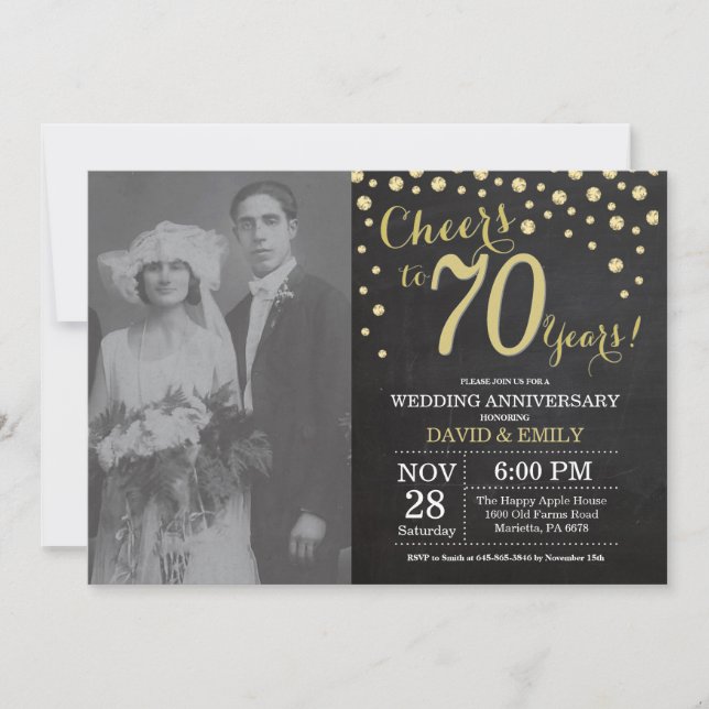 Invitación Aniversario de bodas número 70 pizarra negro y dor (Anverso)
