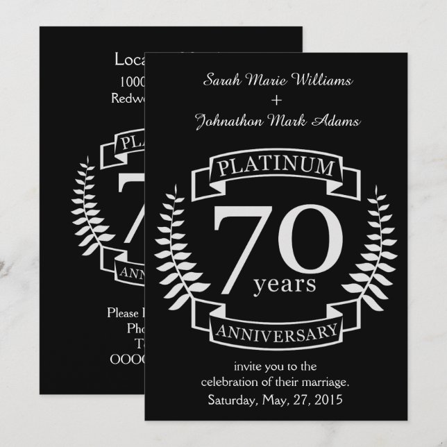 INVITACIÓN ANIVERSARIO DE BODAS NÚMERO 70 PLATINO (Anverso / Reverso)