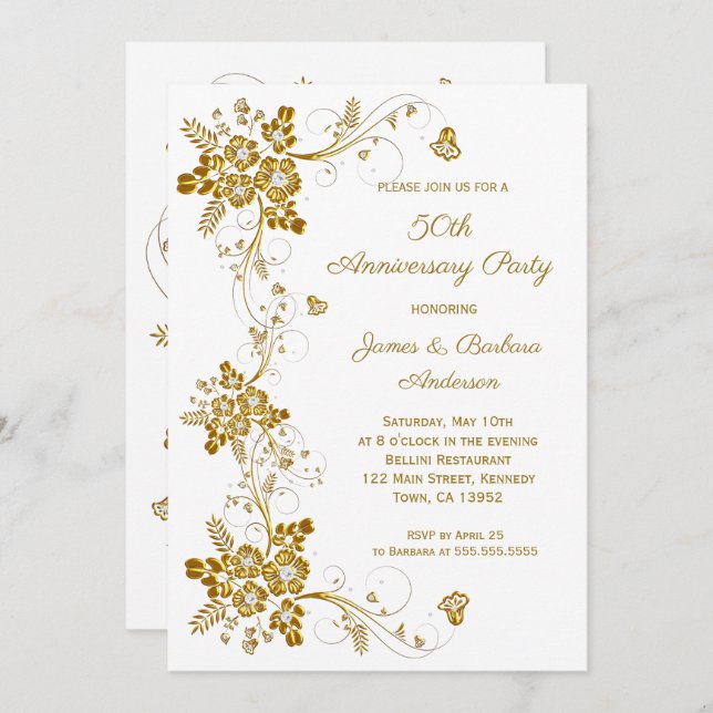 Invitación Aniversario de bodas oro diamante floral blanco (Anverso / Reverso)
